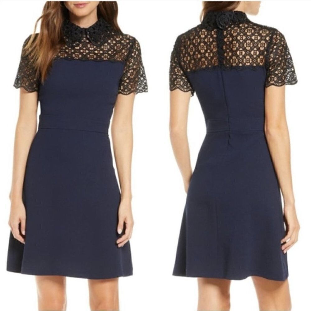 1901 Peter Pan Collar Short Sleeve Back Zip Fit-Flare Lace Mini Dress Size XS